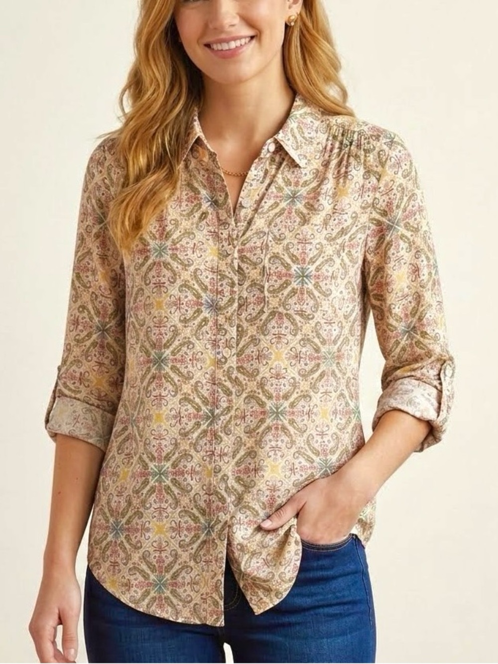 Zac & Rachel Button up Shirt Paisley Print Multicolor Pleat Detail Casual Chic L